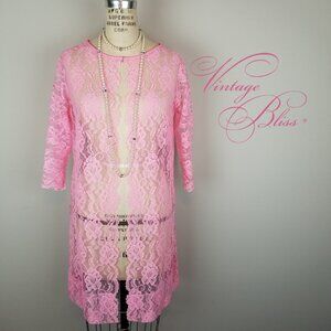 Vintage 1950's Hot Pink Romantic Sheer Lace Robe Jacket Cardigan
